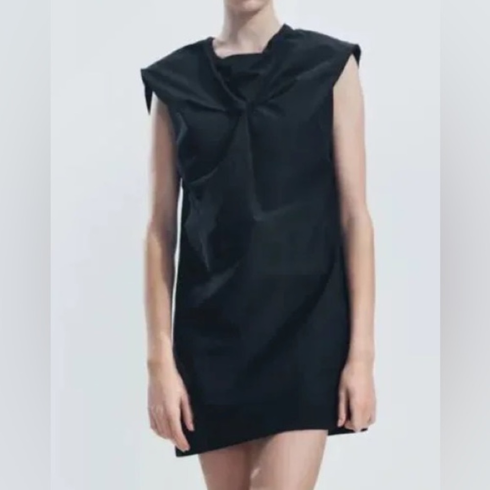 Zara Women's Knotted Black Dress with Asymmetrical Neck Line and Cap Sleeve